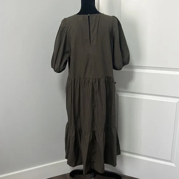 H&M Dark Khaki Green Puff Sleeve Tier MIDI Dress size Medium - Picture 5 of 6